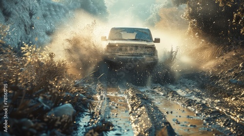 A cinematic shot of a modern SUV navigating through rugged terrain, emphasizing the durability and stability of its front suspension