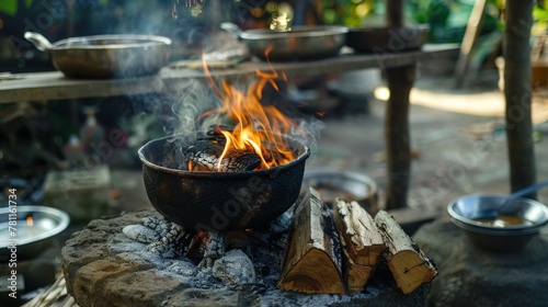 A pot ablaze atop a fire pit