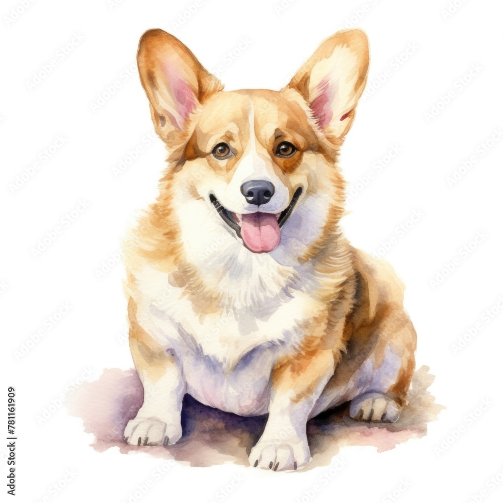 Pembroke welsh corgi dog sitting watercolor illustration. Cute pet, animal painting