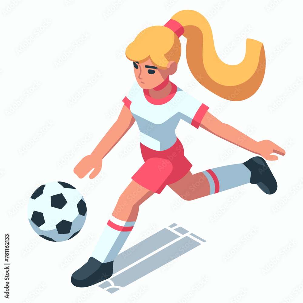 Football Player Woman Isometric Minimal Cute Character, Wearing Headphones and Hold Game Controller, Cartoon Clipart Vector illustration, isolated on White background