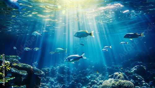 fish swimming in the deep blue ocean, with sunlight filtering through the water surface, showcasing an underwater scene with marine life and coral reefs