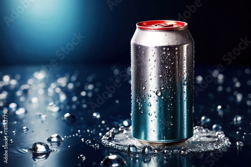 Product packaging mockup photo of soda can with droplets of water, studio advertising photoshoot