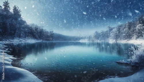the lakeshore is covered with snow in winter view of the beautiful lake in snowy winter horizontal banner