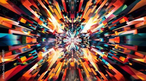 A man in silhouette facing a luminous and colorful abstract explosion of geometric shapes and patterns.