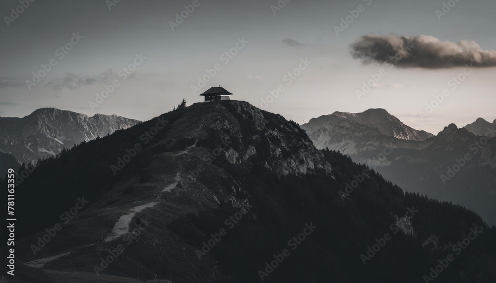 schafberg mountain top with hut at sunset salzburg land austria