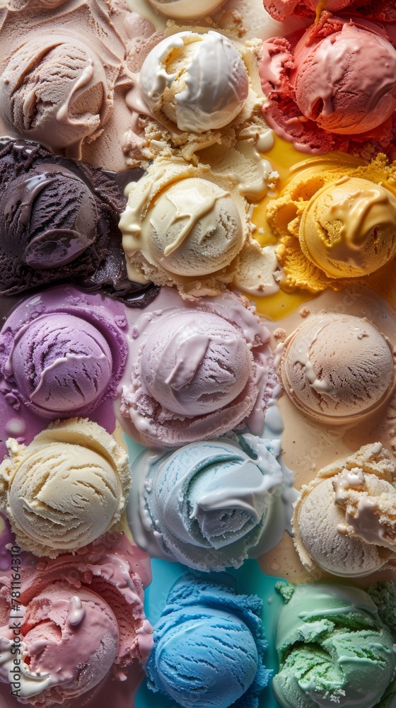 Close-up of an assortment of ice cream scoops in various flavors and colors, showing textures and melting details.