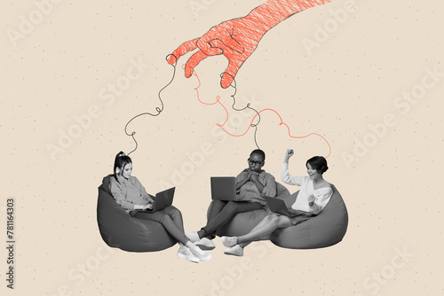 Creative collage picture sitting three collegues remote workers freelance hand manipulation pull string authority propaganda control