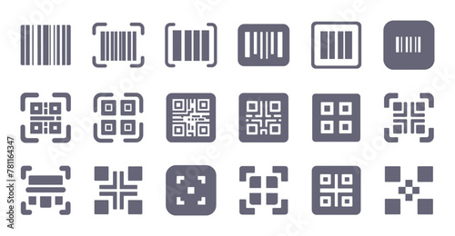 Barcode glyph flat icons. Vector solid pictogram set included icon as QR code, price label, sticker for scan silhouette illustration for distribution. photo