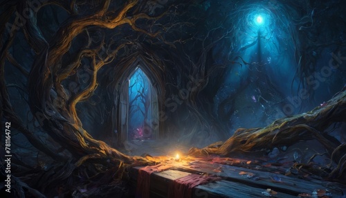 An atmospheric scene depicting a mystical gateway framed by gnarled trees in a dense, enchanted forest, with a mysterious light source casting an eerie glow.. AI Generation