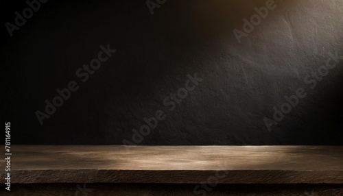 empty dark wooden table on black wall background with sunlight product display presentation and banner design template black concrete table top on black background empty black stone podium