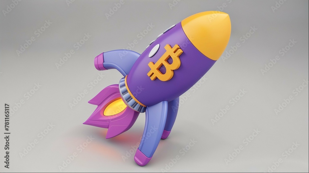 a very small purple toy rocket with bitcoin on it a very small purple toy rocket with bitcoin on it