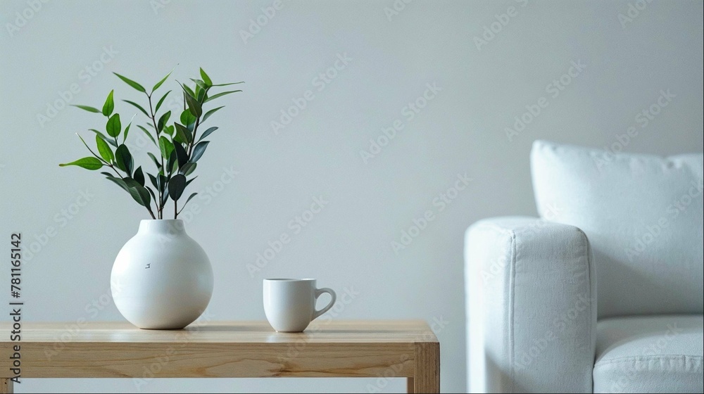 a white vase with plants on a small table beside a white sofa