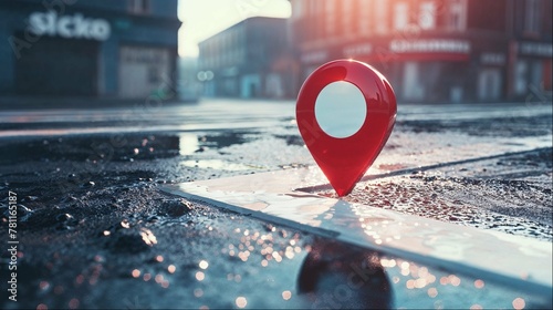 a red pin in the middle of a wet street, indicating location