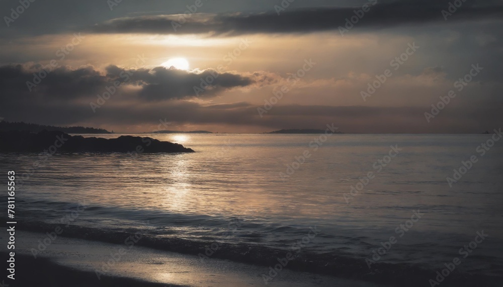 a serene seascape with the soft hues of the setting sun reflecting off the calm crystal clear waters