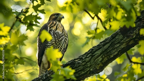 Majestic hawk perched on a tree branch, enveloped by vibrant green foliage. Stunning wildlife scene in natural habitat. Perfect for nature enthusiasts and educational uses. AI photo