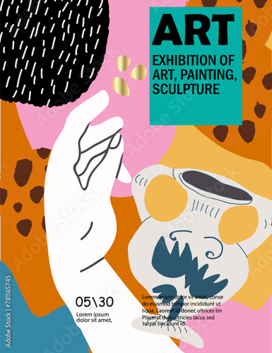 Abstract  vector art posters, flyer, invitations for an art exhibition: music, literature or painting. Shapes, portraits of people, hands, spots and textures for backgrounds.