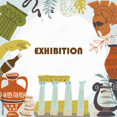 Antique Exhibition background, frame, backdrop, layout about modern museum with antique ruins and Greek sculptures for event invitation, magazine or cover. Vector set of modern antique illustart.