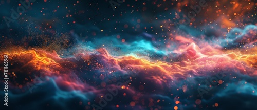 Panoramic abstract representation of a cosmic wave with fluid shapes and gradients in pink, purple, and blue, conveying motion and the ethereal beauty of space. photo