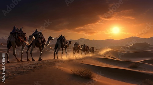 there are many camels in the desert at sunset - this is from behind