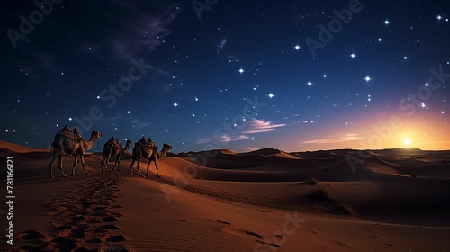 AI generated illustration of two people riding camels in a desert landscape at night