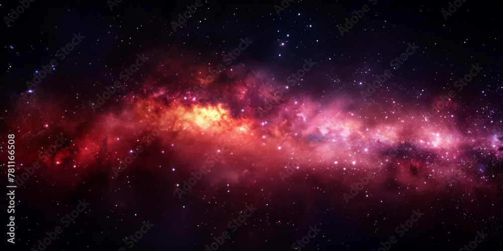 background with space, Clouds streak across the red Milky Way, galaxy with stars on night starry sky Panorama view universe space, red nebula	
