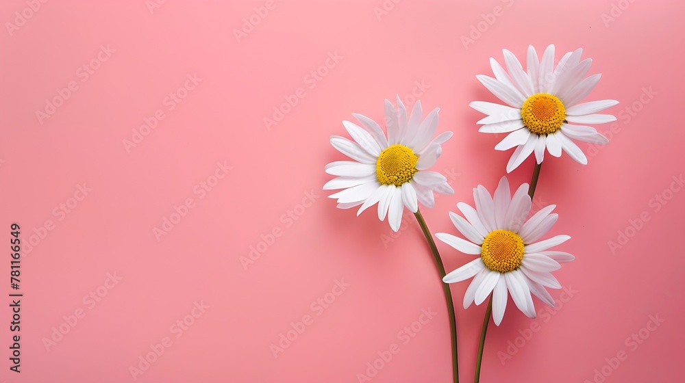 Three White Daisies on Pink Background. Simple Elegance for Spring Themes. Ideal for Greeting Cards and Invitations. Minimalist Floral Composition. AI Three White Daisies on Pink Background. Simple Elegance for Spring Themes. Ideal for Greeting Cards and Invitations. Minimalist Floral Composition. AI