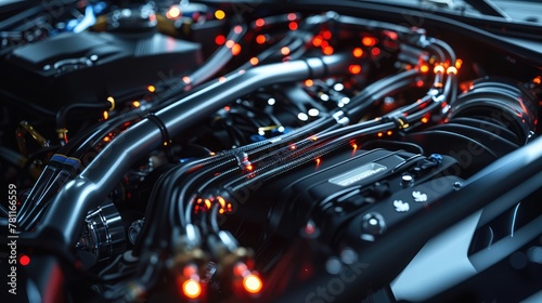 A sleek and modern main wiring harness integrated seamlessly into the engine compartment of a luxury car, showcasing advanced automotive technology.
