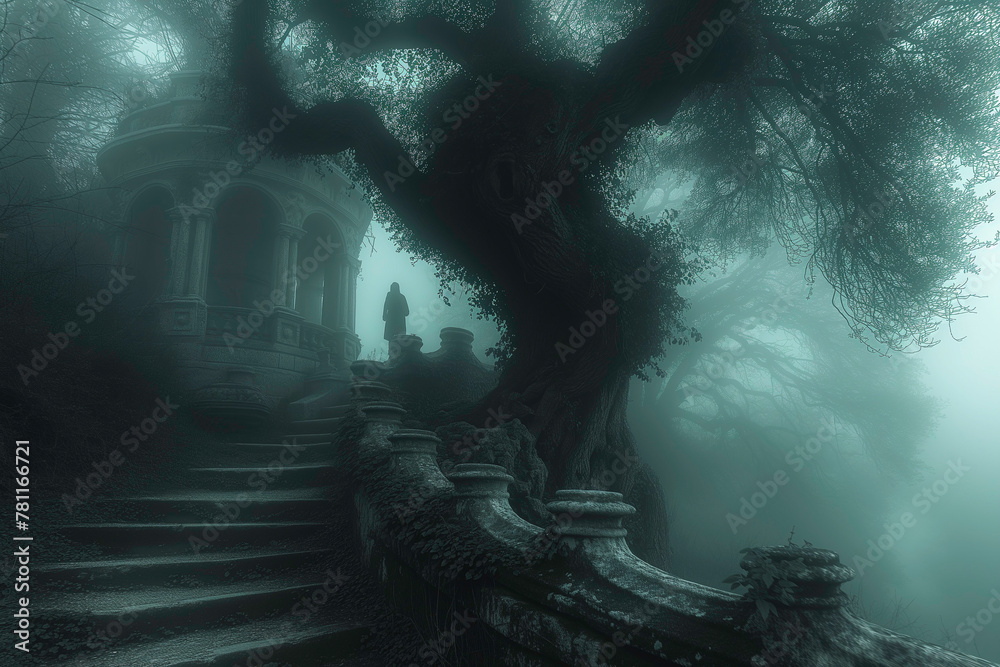 Obraz premium an old stone staircase going up to a tree on a foggy day