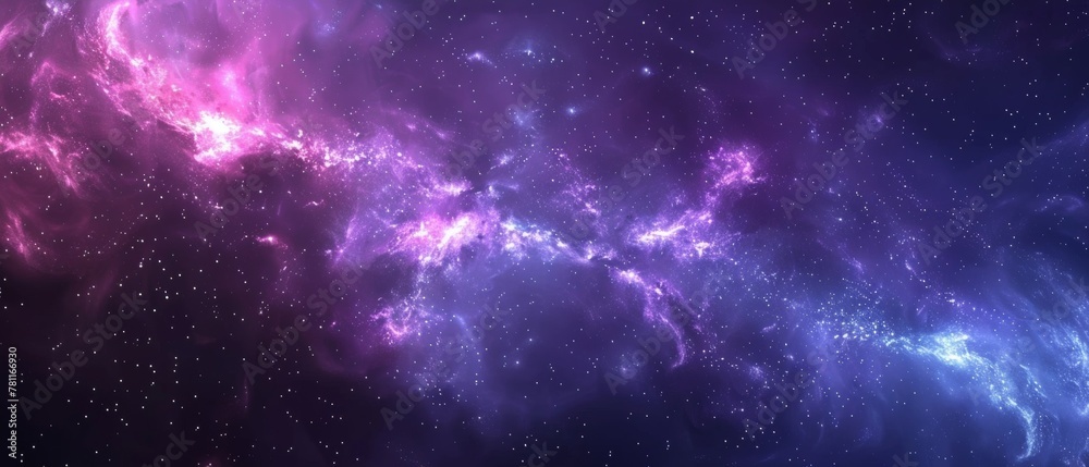 Mesmerizing expanse of the universe with a brilliant nebula at its center, radiating outward in shades of purple and blue, illuminated by countless stars.