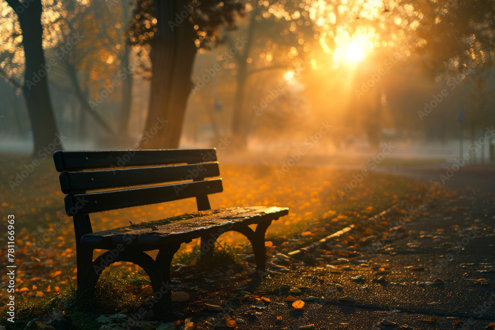 A bench in a park during sunrise