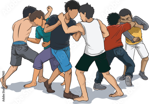 Illustration of public brawl, mass brawl