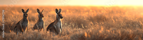 Kangaroo standing in the savanna with setting sun shining. Group of wild animals in nature. Horizontal, banner. © linda_vostrovska