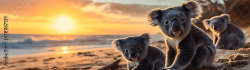 Koala bears in the sea coastal region with setting sun shining. Group of wild animals in nature. Horizontal, banner.