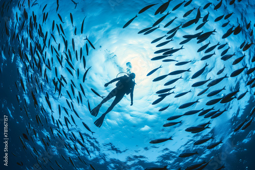 ocean day, fish swimming in the deep blue ocean, with sunlight filtering through the water surface, showcasing an underwater scene with marine life and coral reefs