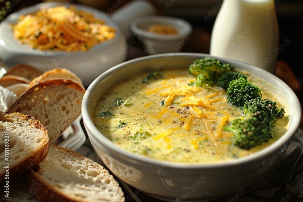 a bowl of soup with broccoli and cheese