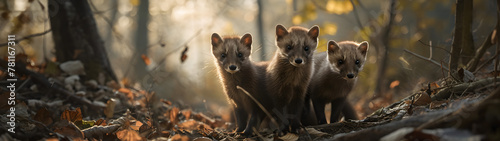 Marten family in the forest with setting sun shining. Group of wild animals in nature. Horizontal, banner. © linda_vostrovska
