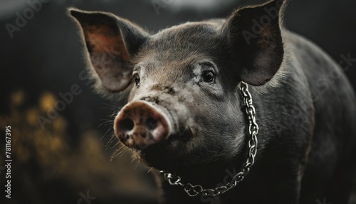 a close up of a pig with a chain around it s neck and a blurry background behind it © Sawyer
