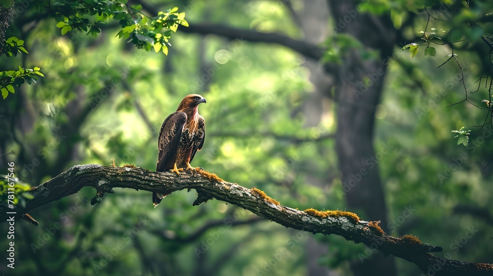 Majestic bird of prey perched on a tree branch in a lush forest. Wildlife in natural habitat. Ideal for nature-themed designs. Peaceful yet powerful image. AI