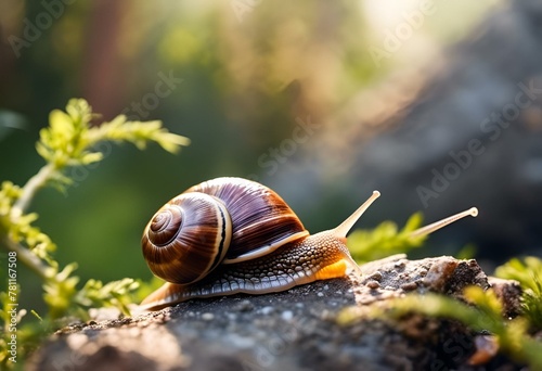 Snail moving on a rock with green plants in the backdrop, AI-generated. photo