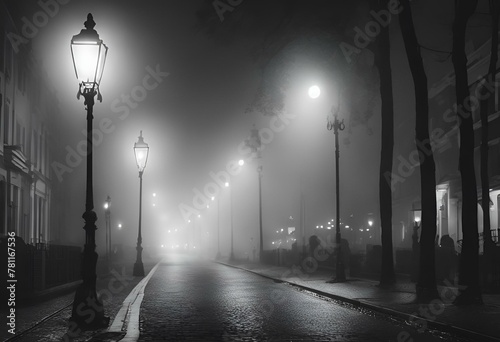 Mysterious urban road covered in fog at night, AI-generated.