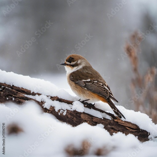 AI generated illustration of a bull-headed shrike perched atop a snow-covered branch © Wirestock