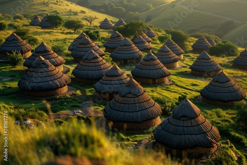 AI-generated illustration of round African thatch roof huts, rondavels photo