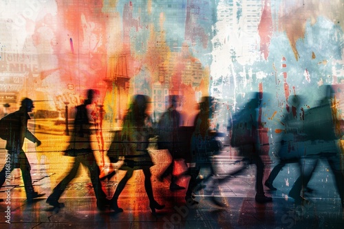 Abstract urban scene with walking silhouettes and vibrant city backdrop