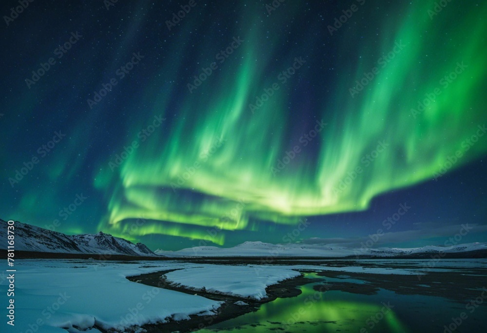 AI generated illustration of a nighttime view of an aurora borealis with a frozen lake below