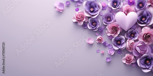 Purple paper flowers on a purple background with confetti. This vibrant and festive asset is great for wedding invitations, greeting cards, party decorations, Mother's Day and Valentine Day	
 photo