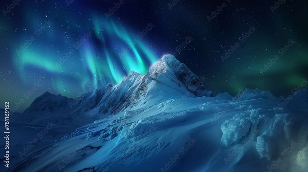 AI generated illustration of Aurora light above snow-covered mountains