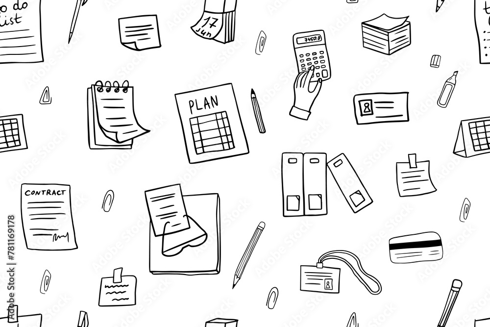 Seamless pattern of business elements with documents, infographics, pen ...