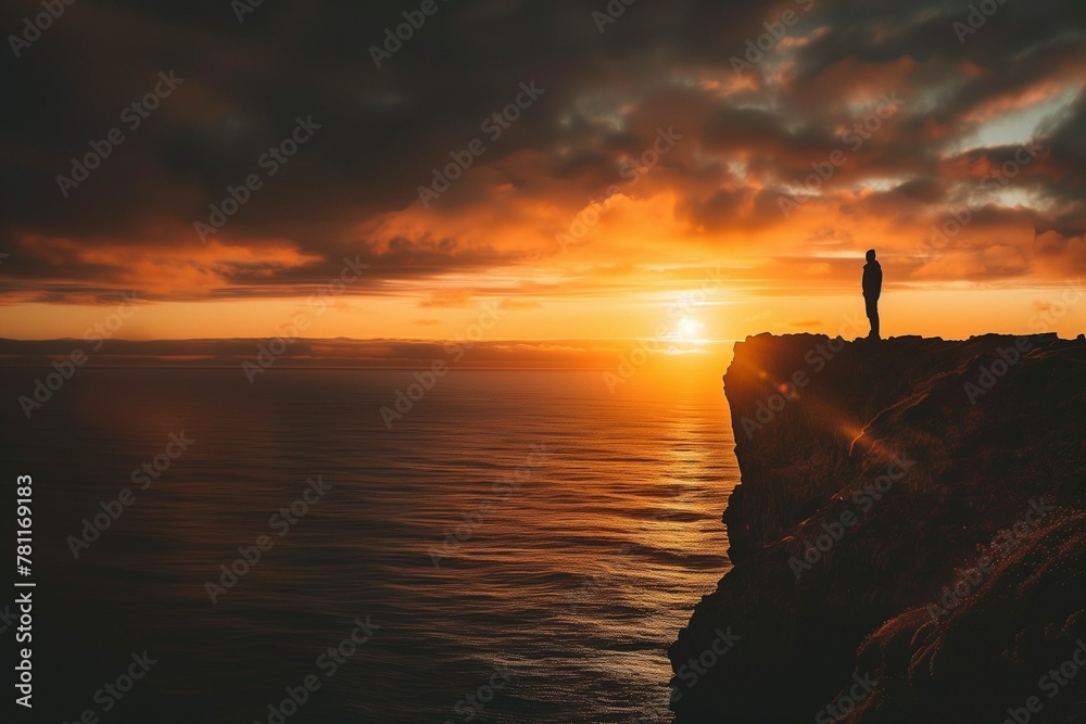AI generated illustration of a silhouette of a person on cliff by the ocean at sunset AI generated illustration of a silhouette of a person on cliff by the ocean at sunset