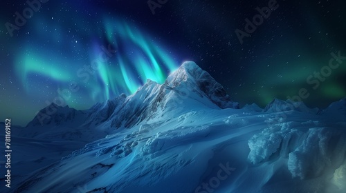 AI generated illustration of Aurora light above snow-covered mountains