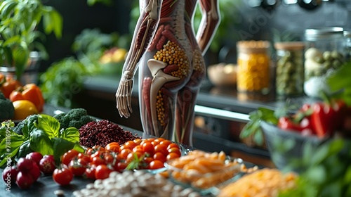 Human anatomy figurine poses on a kitchen counter amidst fresh produce, AI-generated.
